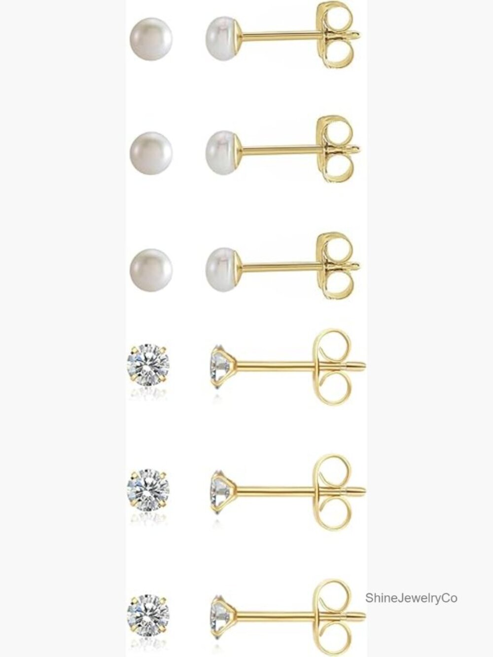 6 Pairs Surgical Steel Gold Filled Stud Earrings Set - CZ Pearl